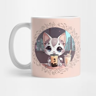 Cute grey and white cartoon cat drinking Boba Mug